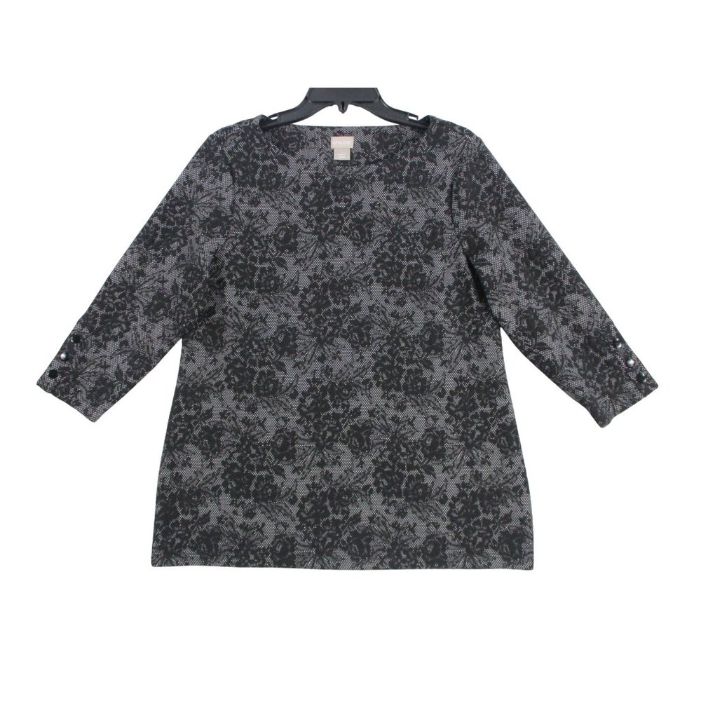 Chicos Black &‎ Gray Floral Lace 3/4 Sleeve Tunic Top Size M